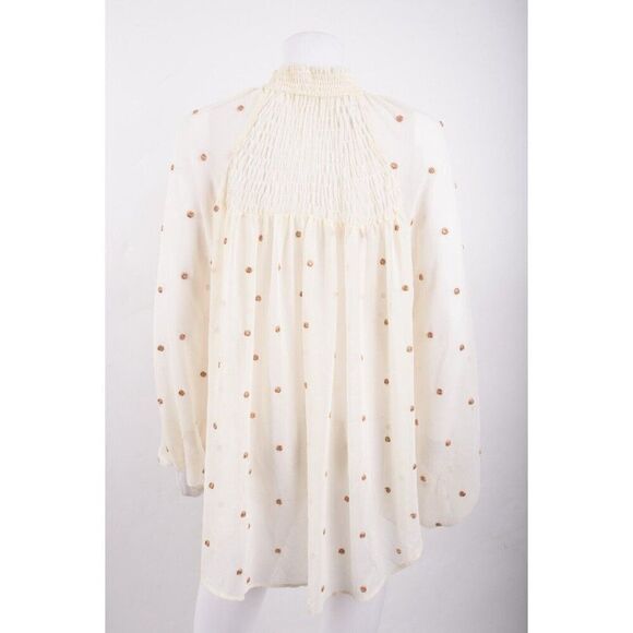 Free People Womans Peasant Blouse Shirt Top Sz M Ecru Beige Gold Dots Oversized - Picture 5 of 6